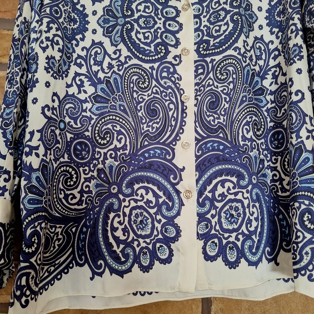 Zara Paisley Printed Silky Button Down Blouse Small - Picture 3 of 8